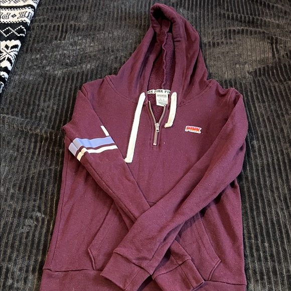 PINK Victoria's Secret Sweaters - PINK Victoria's Secret Maroon Hoodie with White and Blue Accents